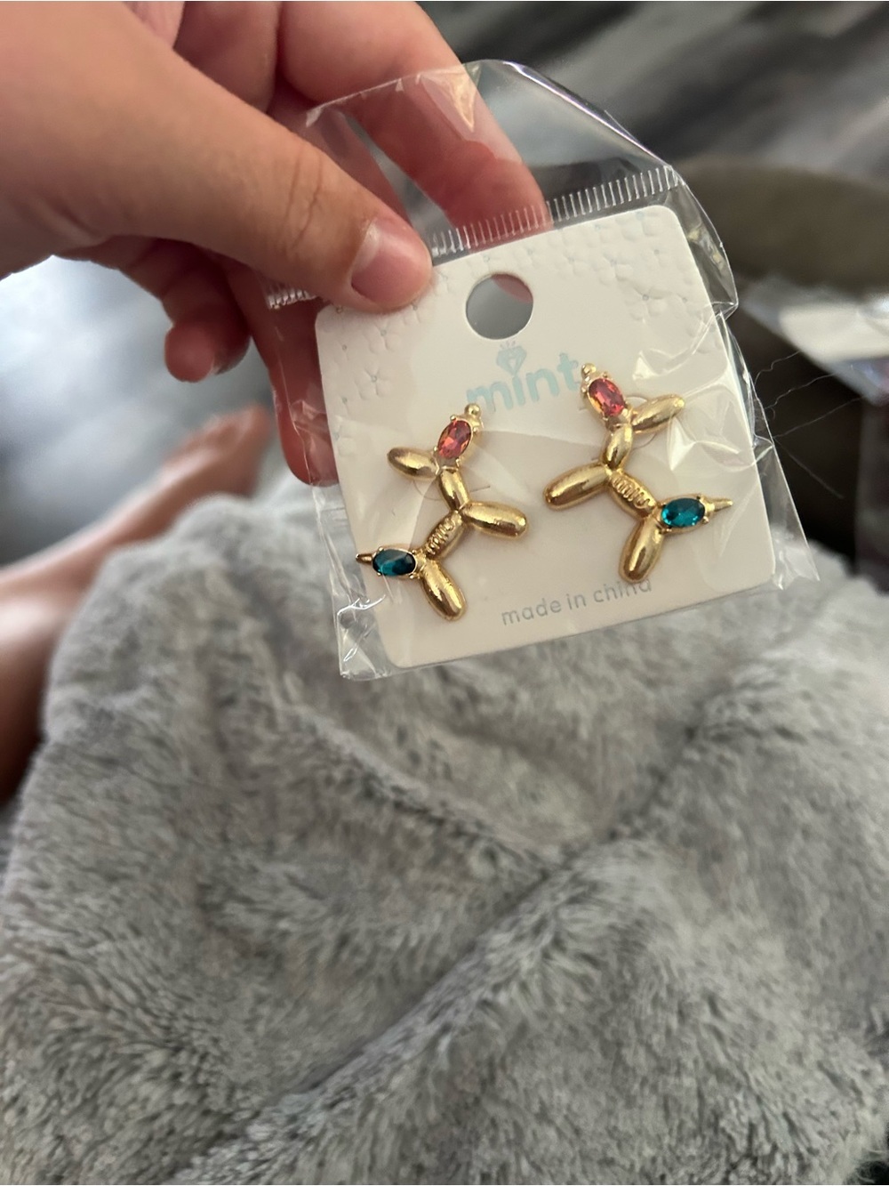 🔥$2 Gold Balloon Dog Earrings with Pink and Teal Stones